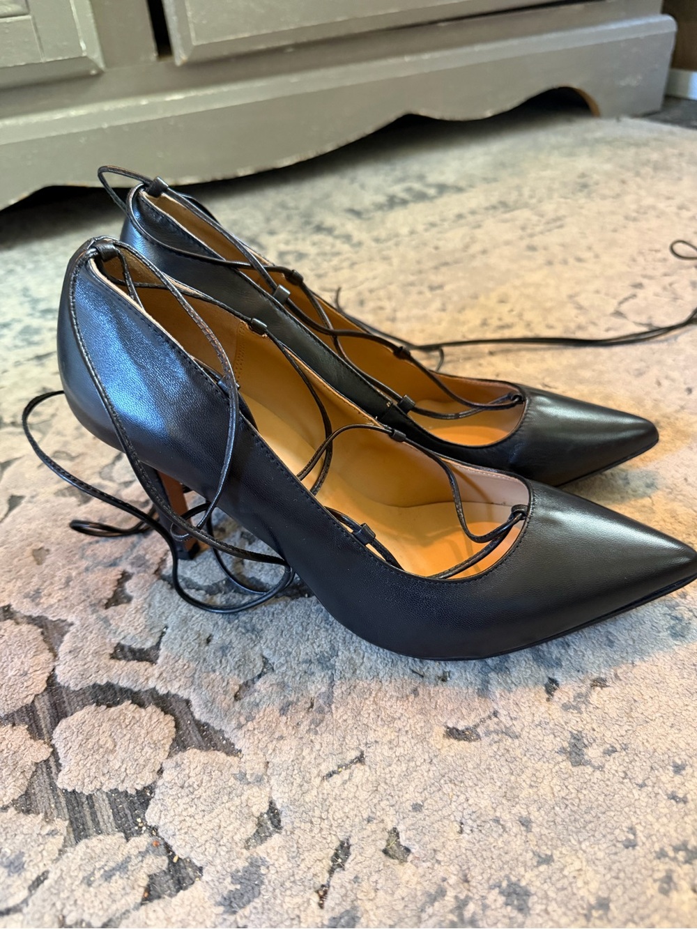 Massimo Matteo Black Leather Pointed-Toe Lace-Up Heels